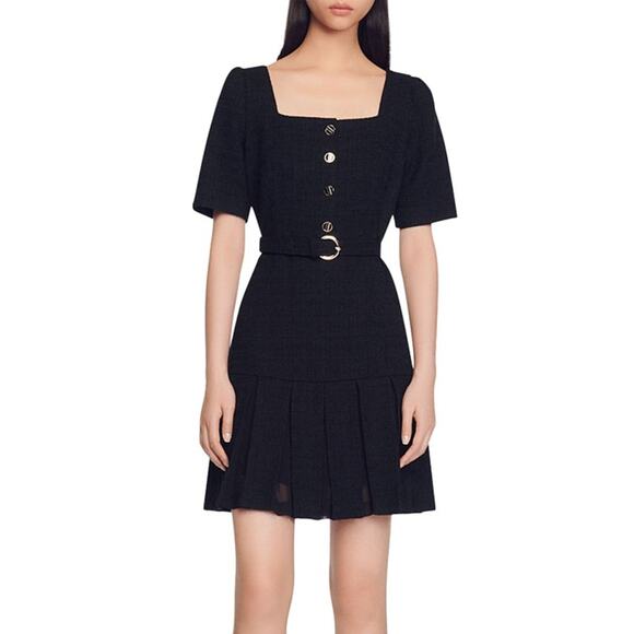 Sandro 'Elsana' Black Cotton Belted Tweed Mini Dress Size S - Picture 1 of 5